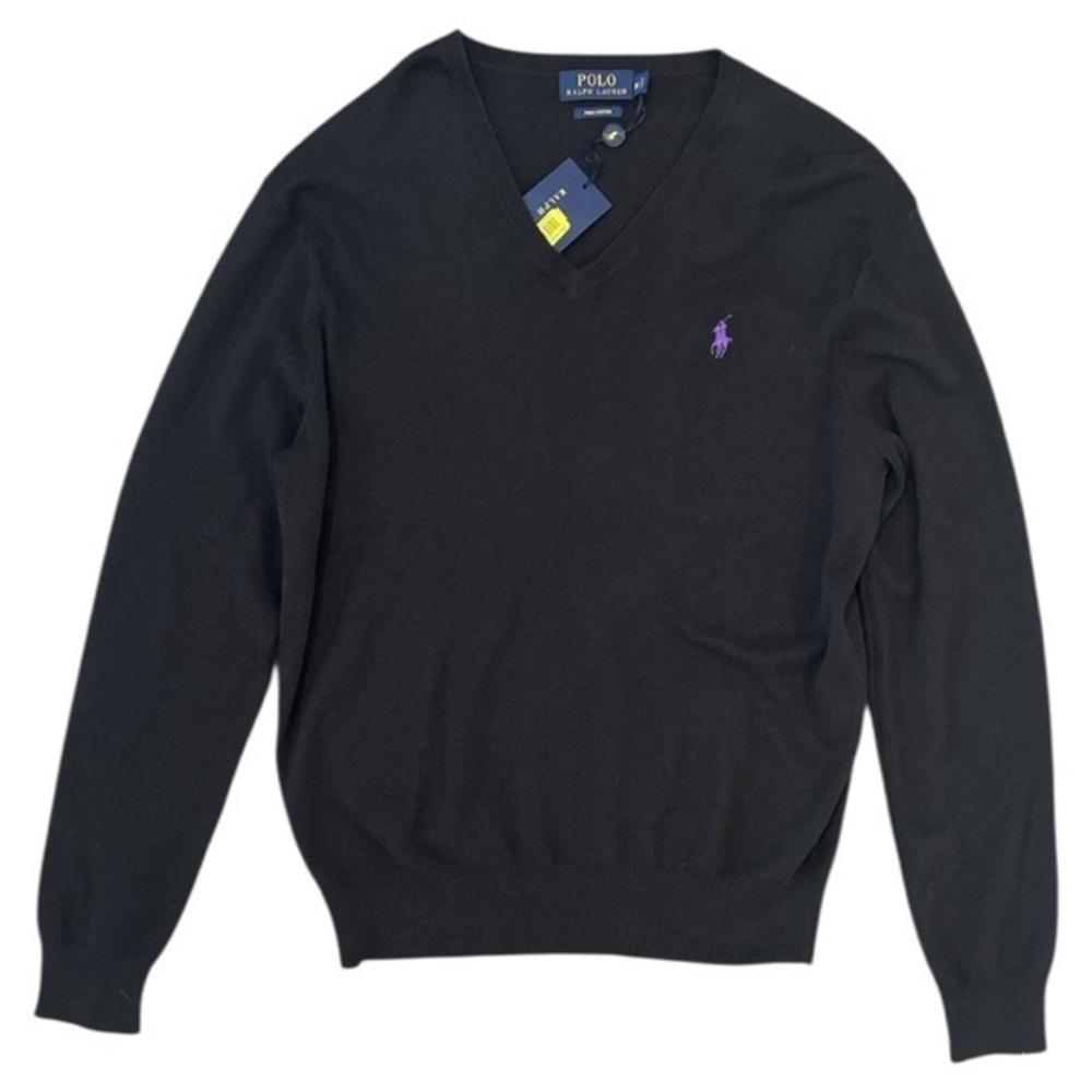 Polo Ralph Lauren Black Cotton V Neck Knit Sweater Purple Pony Size Large NWT
